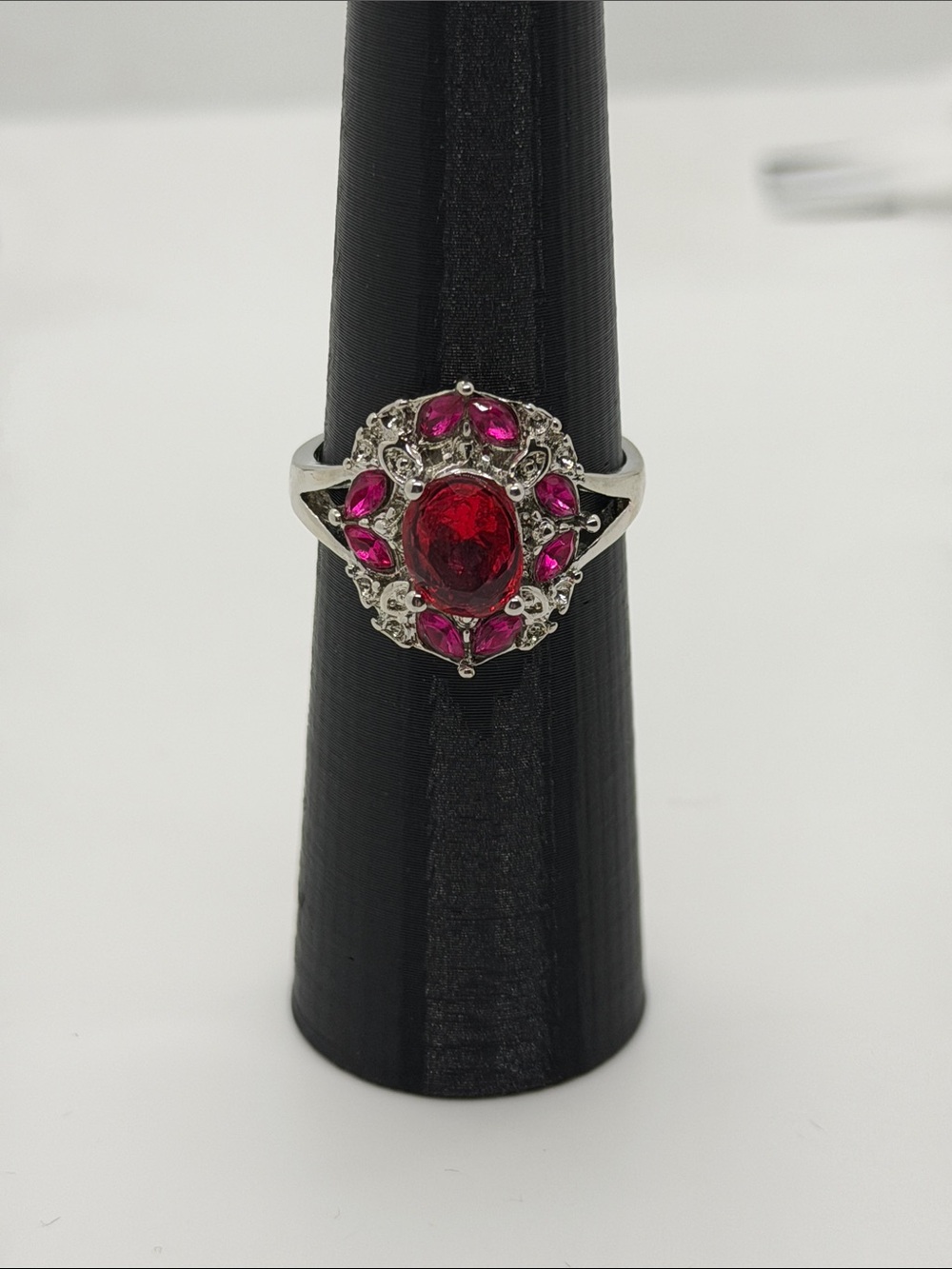 Silver Ring with Red Gemstone Accents - Elegant Women's Fashion Ring size 10